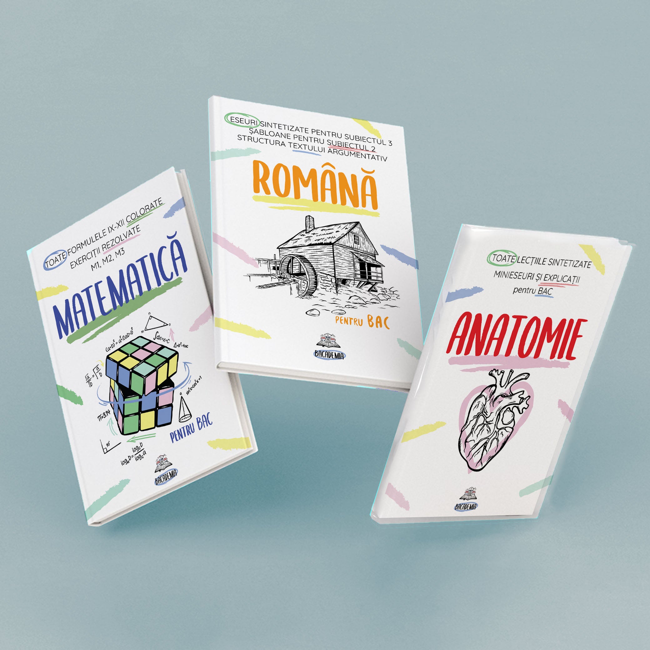 Pachet-Trei-Cărți-Română+Matematică+Anatomie-Kit-Bacalaureat-Bacademia