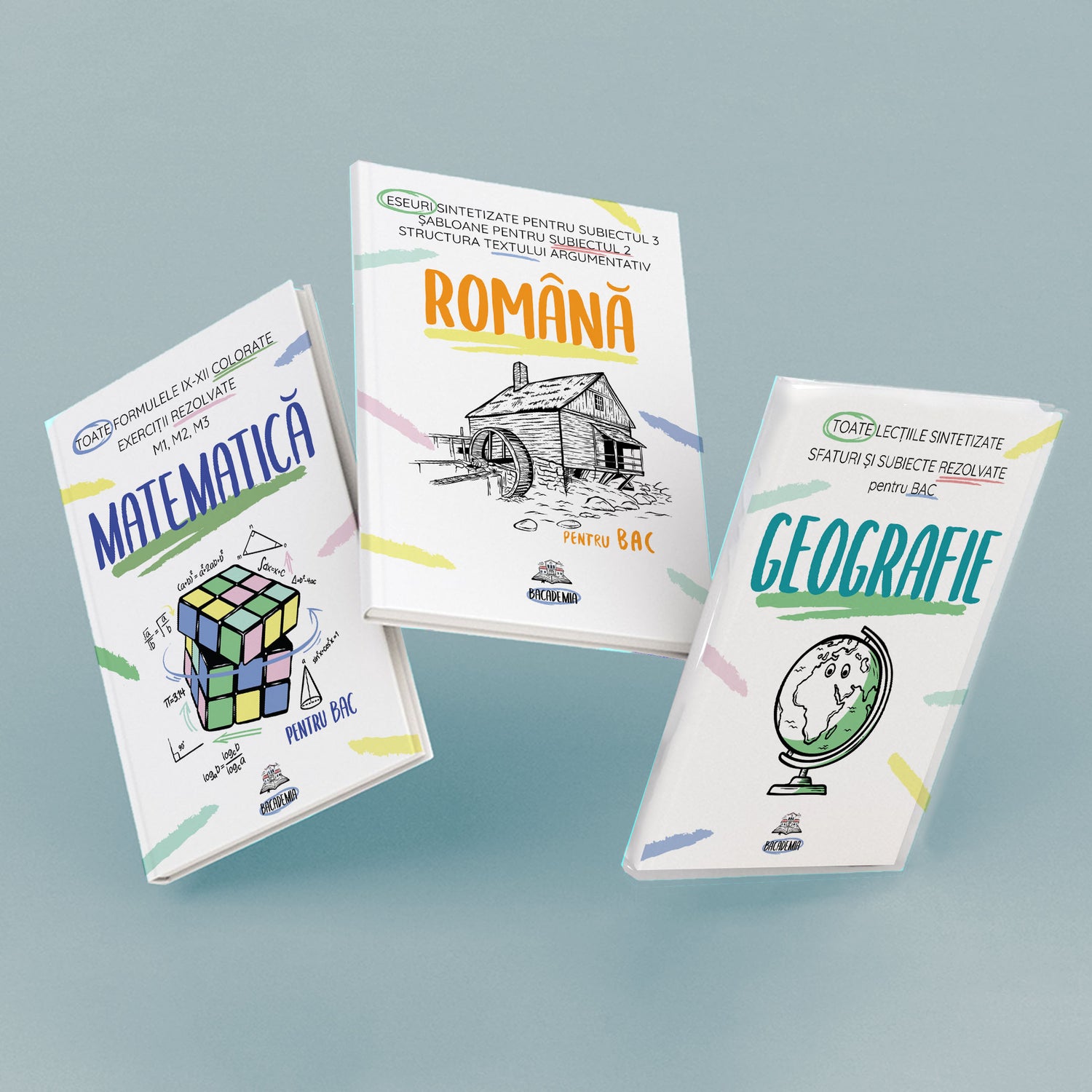 Pachet-Trei-Cărți-Română+Matematică+Geografie-Kit-Bacalaureat-Bacademia